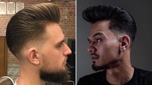 Side-by-side comparison of two men with low fade pompadour haircuts, showcasing voluminous, textured tops with neatly faded sides.