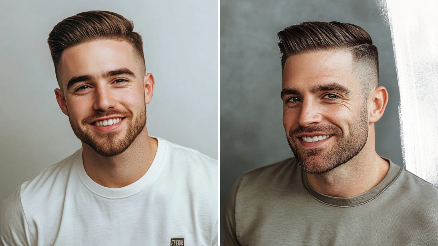 Two men with stylish skin fade side part haircuts. The first man is smiling while wearing a white shirt, showcasing a clean, modern fade with a sharp side part. The second man, in a gray shirt, sports a similar cut with a defined part and a neatly trimmed beard, highlighting the versatility and polished look of the skin fade side part hairstyle.