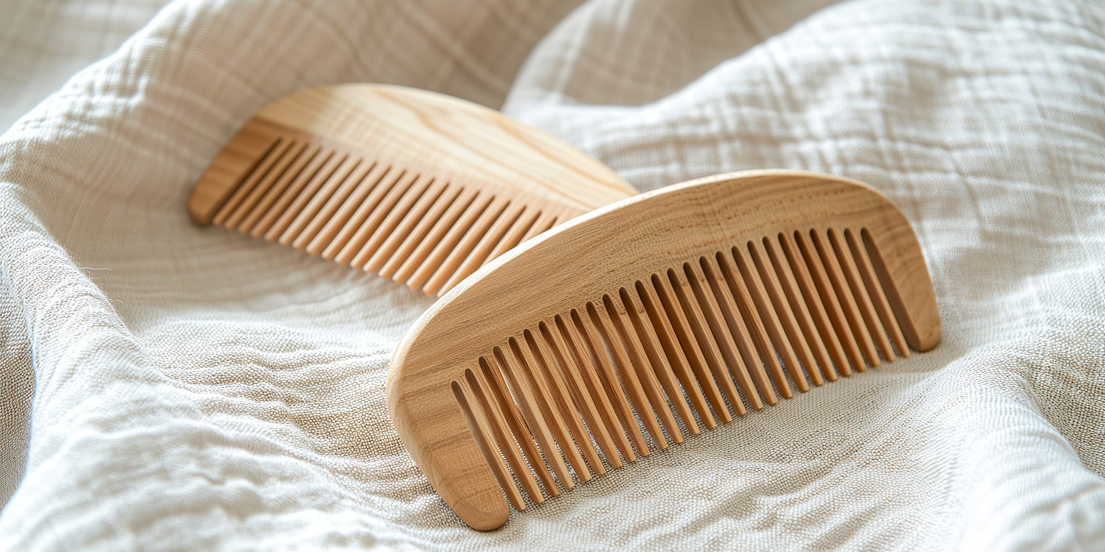 Two high-quality wooden beard combs placed on a soft fabric, ideal for effective beard grooming. Learn how to comb your beard properly with these essential grooming tools.