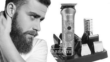 Black and white image of Ufree Beard Trimmer with accessories for a Ufree Beard Trimmer Review, featuring a bearded man