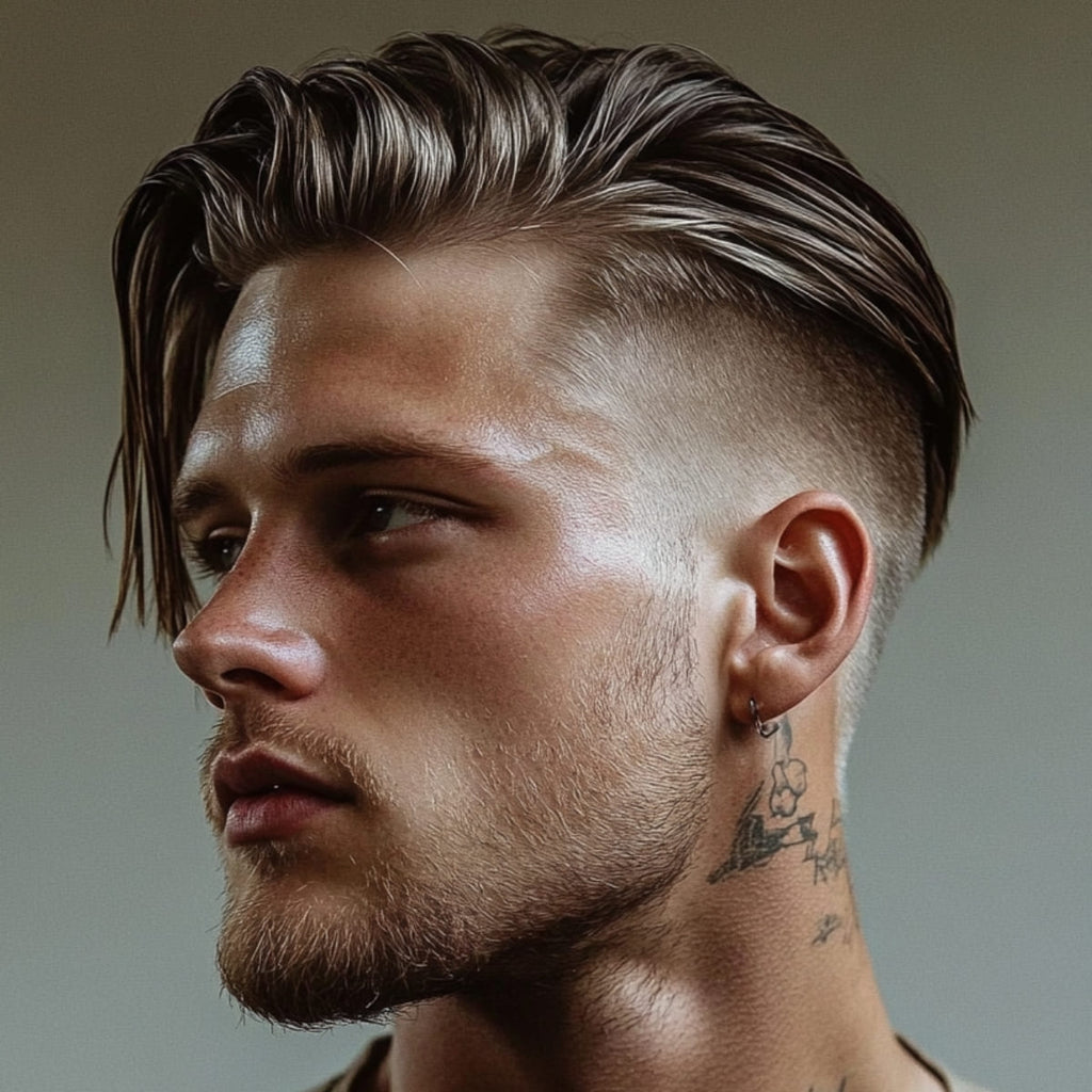 A side profile of a young man with a sleek undercut skin fade hairstyle, featuring long, swept-back hair on top that contrasts with the closely shaved sides. The skin fade creates a sharp, clean transition, emphasizing the undercut's bold look. He has a light beard that complements his defined jawline, while tattoos on his neck and a small hoop earring add a rebellious touch to the overall style.