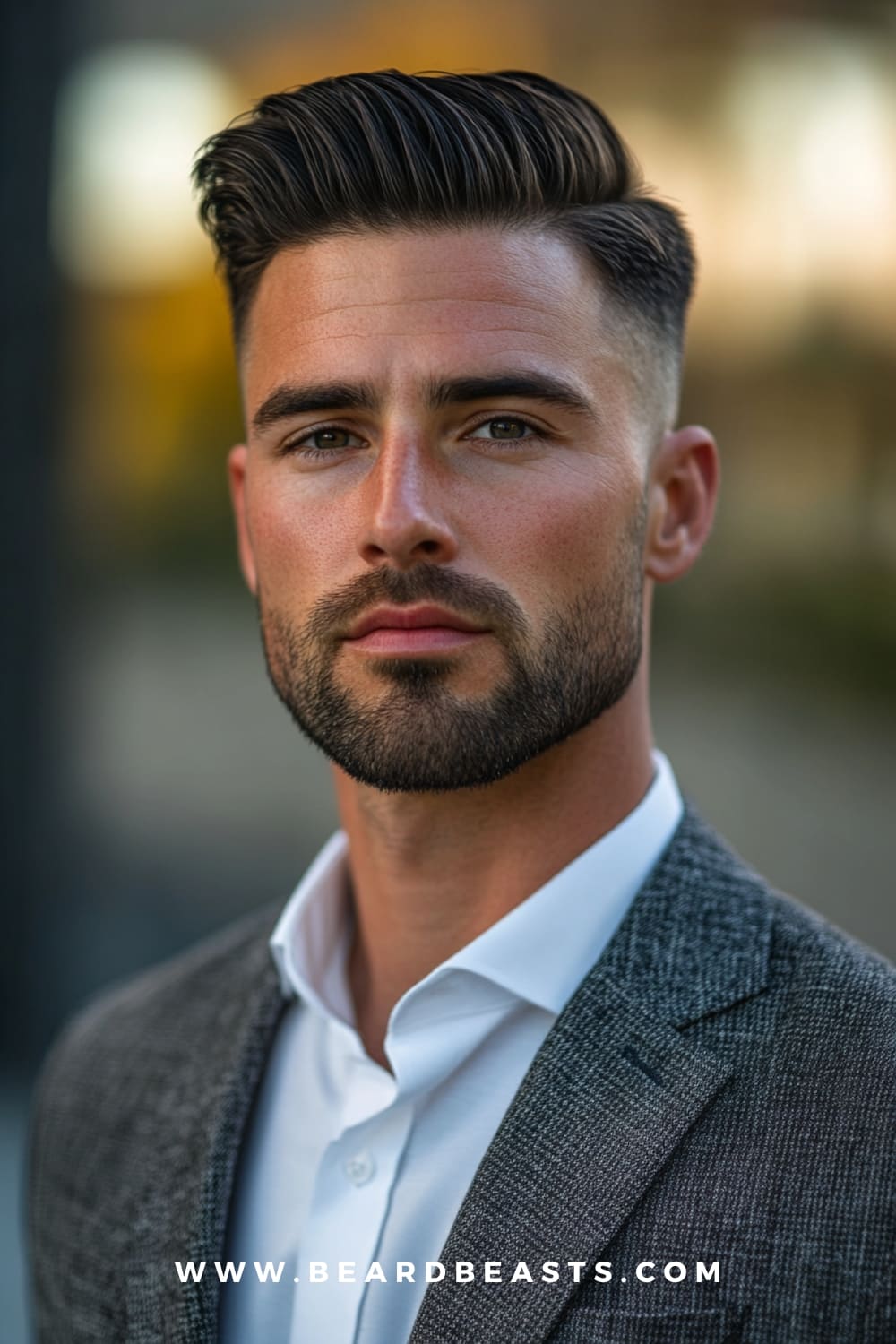 A man with a sleek undercut hairstyle featuring a neatly styled top, created using pomade for a smooth, voluminous finish. His hair is cleanly parted with a sharp fade on the sides, complemented by a well-groomed beard. The polished yet effortless look is perfect for both casual and formal settings, showcasing a popular men’s pomade hairstyle for 2024.