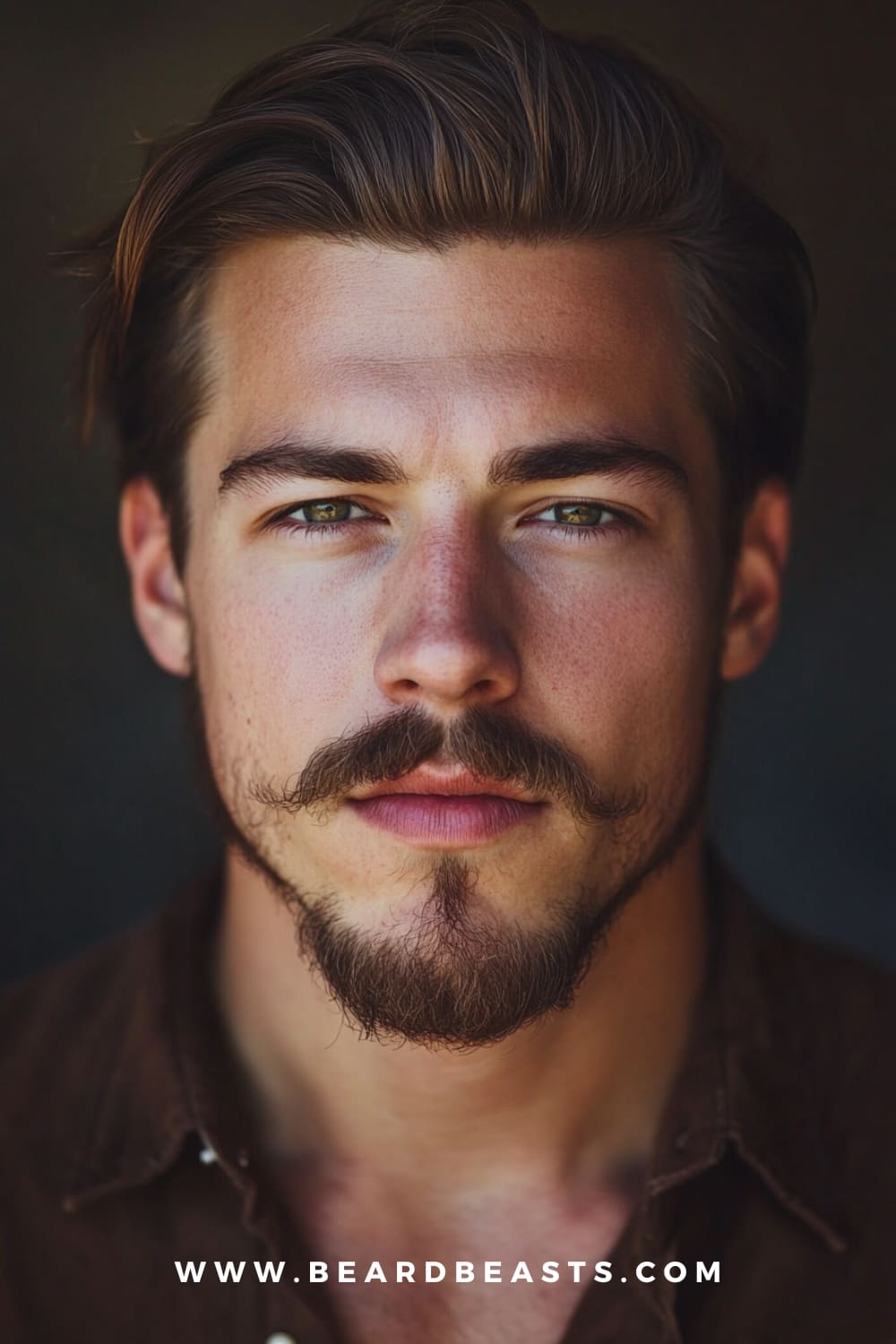 Close-up portrait of a man with a square face, showcasing a stylish Van Dyke beard. The beard features a pointed goatee paired with a curled mustache, adding contrast and balance to his strong jawline and angular features. This image highlights the Van Dyke beard, one of the best beard styles for square faces, perfect for softening sharp angles while maintaining a classic, refined look.