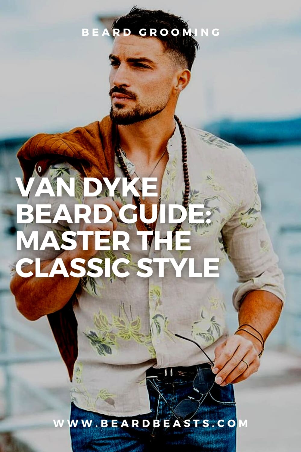 Man with Van Dyke Beard style in casual shirt promoting a beard grooming guide on BeardBeasts.com