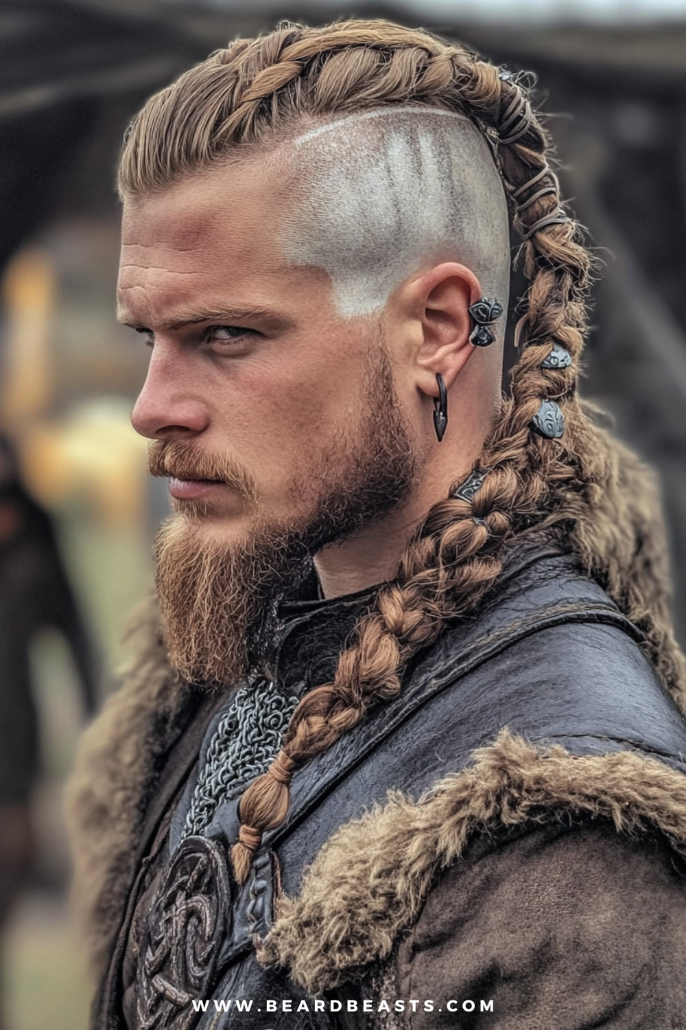 Man with intricately braided Viking-style hair, featuring shaved sides and detailed hair accessories, paired with a thick beard and rugged attire. The bold, warrior-inspired look is a powerful example of men's hairstyles for long hair, blending tradition with fierce, modern style.