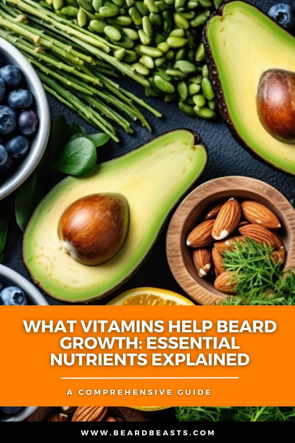 Image showcasing a variety of nutritious foods like avocado, blueberries, almonds, and greens with text overlay: 'What Vitamins Help Beard Growth: Essential Nutrients Explained.' A comprehensive guide by Beard Beasts.