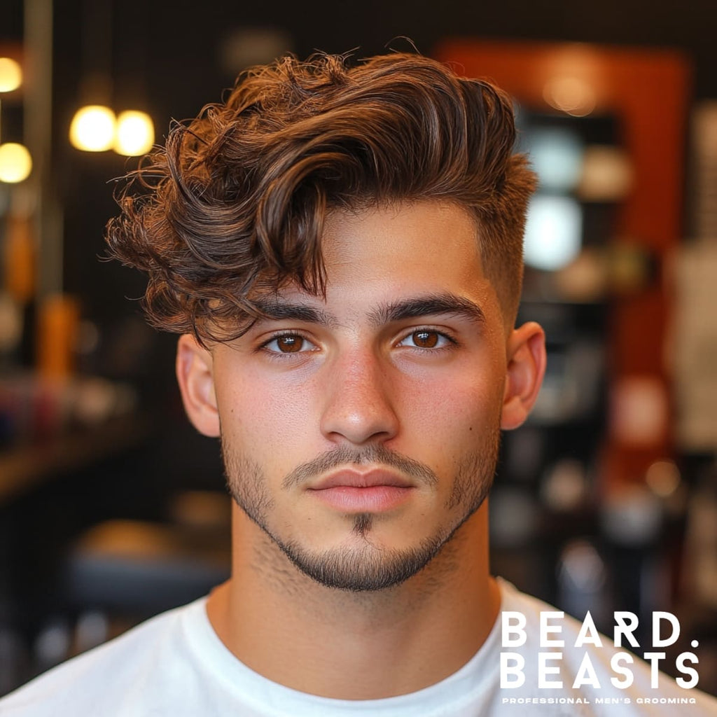 A trendy men's hairstyle featuring a volume-focused comb-over for curly or wavy hair paired with a high fade. The top showcases long, voluminous curls styled into a defined comb-over, cascading diagonally for a bold and textured look. The high fade on the sides is clean and sharp, providing a striking contrast to the rich waves on top. The model has a lightly groomed beard, adding balance to the hairstyle, and the background is a modern barbershop with warm, inviting lighting.