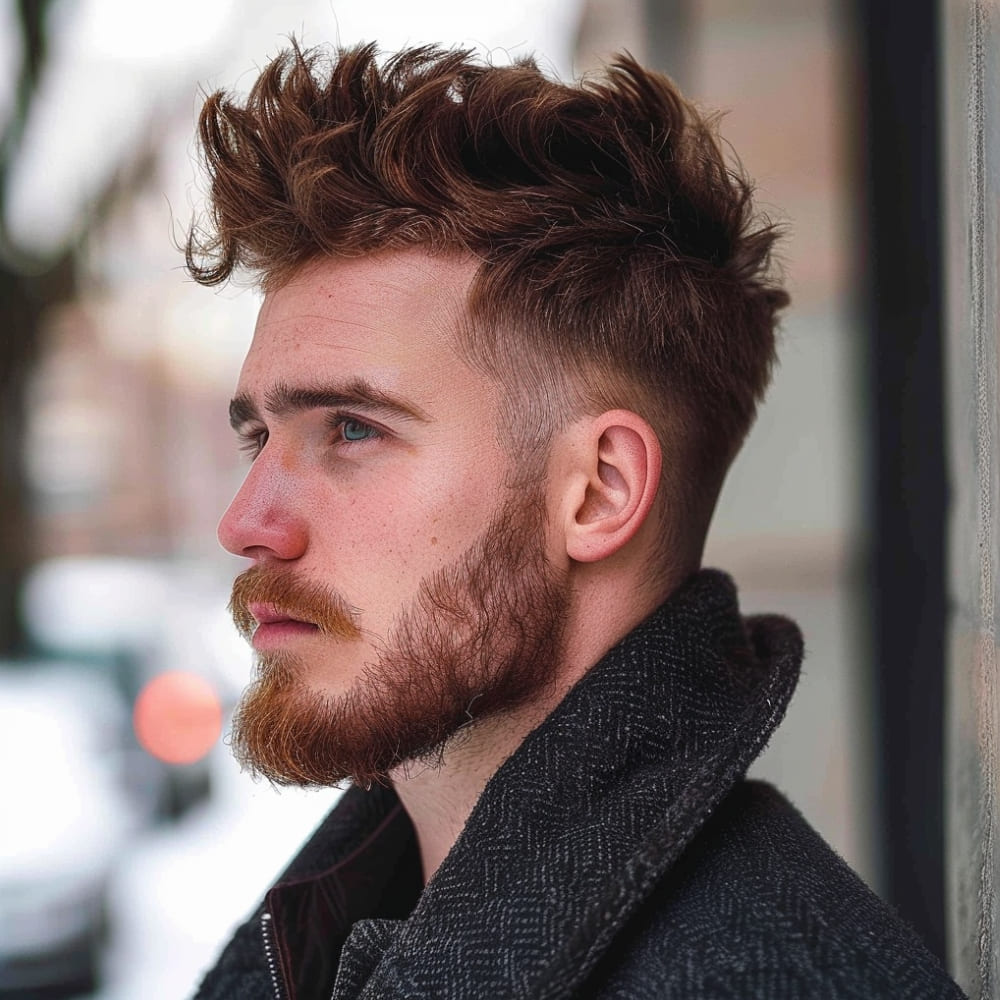 A man with a bold and stylish wavy faux hawk hairstyle is shown in this image. His hair is voluminous on top, styled upwards and slightly tousled to emphasize the natural waves, creating a dynamic and edgy look. The sides are tapered and gradually fade into a shorter length, providing a clean contrast to the textured waves above. His well-groomed beard, featuring a reddish-brown hue, complements the rugged yet refined appearance. Dressed in a dark, textured coat, he exudes a cool and confident vibe. The soft, natural lighting highlights the rich tones in his hair and beard, while the snowy, blurred background adds a touch of winter ambiance to the scene. The overall look is modern, masculine, and effortlessly stylish.