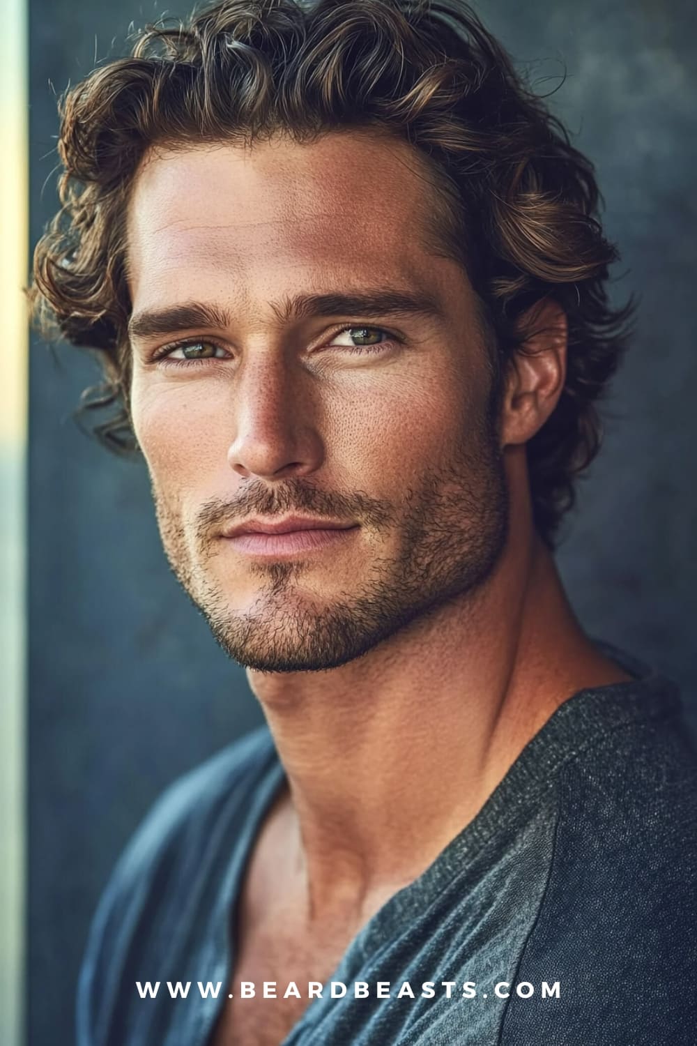 A man with a stylish wavy flow haircut, featuring medium-length, wavy brown hair that naturally flows back, creating a textured and voluminous look. His hair has a soft wave pattern, adding movement and a relaxed vibe to his overall appearance. The man’s well-groomed stubble enhances his rugged, yet polished look.