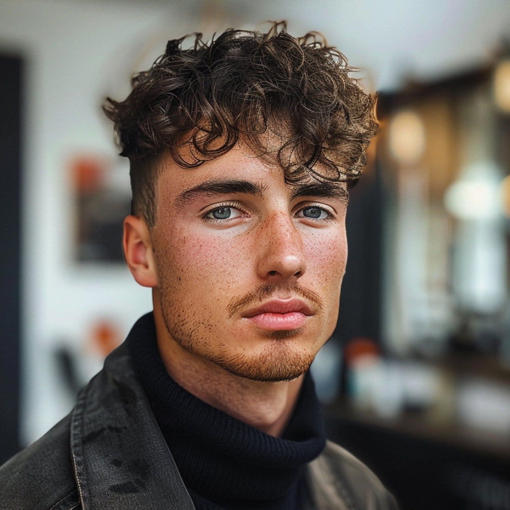 A young man is depicted with a trendy wavy fringe hairstyle, highlighting a modern and effortlessly cool look. His hair features natural, loose waves that fall forward into a textured fringe, adding volume and movement to his appearance. The sides are kept shorter, creating a clean contrast that accentuates the fullness of the waves on top. 