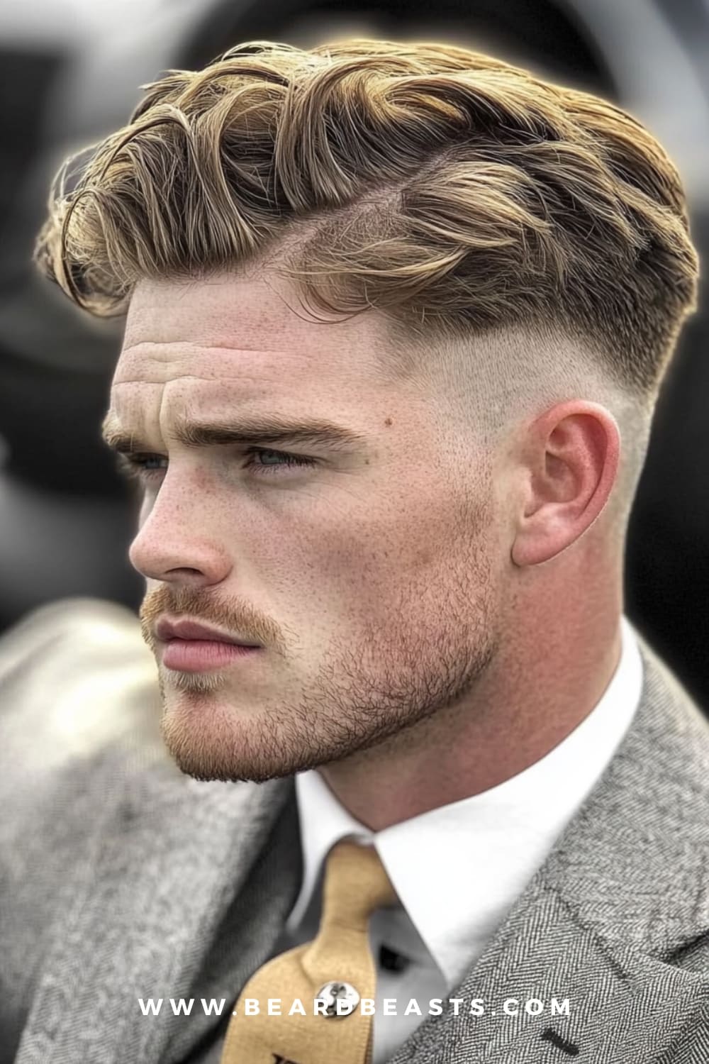 Wavy Hair with Side Part Hairstyle - A stylish gentleman's haircut featuring wavy textured hair with a defined side part, paired with a subtle fade for a modern and elegant look.