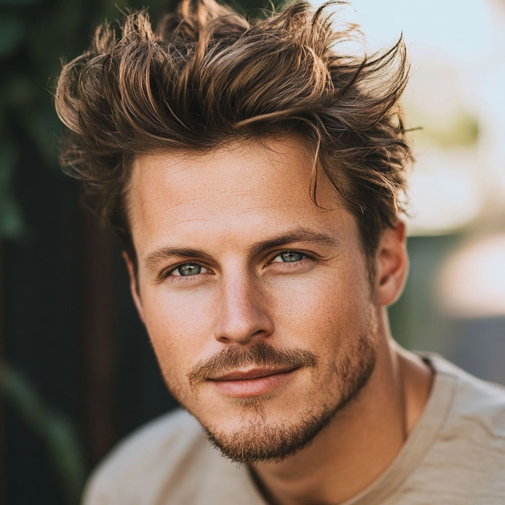 Smiling man with wavy, tousled hair styled in loose spikes, giving a relaxed and carefree look. His hairstyle exudes volume and natural texture, perfectly complementing his casual, approachable vibe.