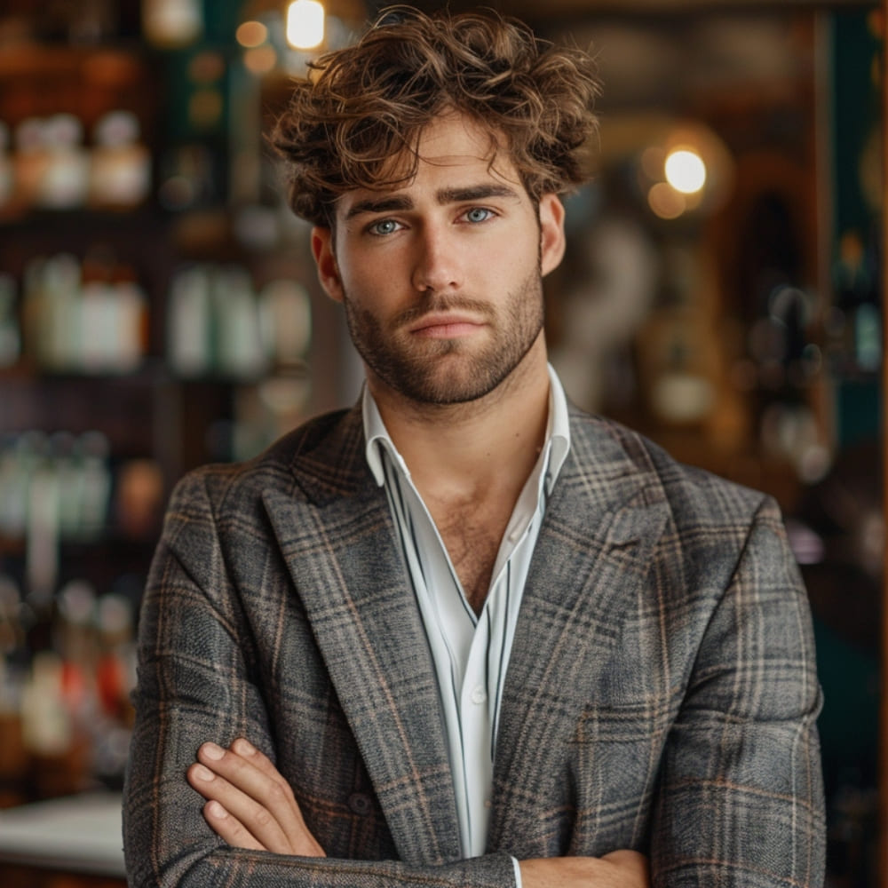 A confident young man is featured in this image, showcasing a stylish wavy messy, textured look hairstyle. His hair is full of natural volume, with loose waves that are tousled to create an effortlessly casual yet sophisticated appearance. The wavy texture adds depth and movement, perfectly capturing one of the most popular wavy hairstyles for men.