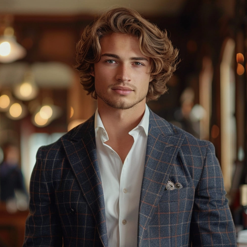 A young man with a sophisticated wavy long and flowing hairstyle is featured in this image, showcasing the elegance and versatility of longer wavy hair. His hair cascades in soft, natural waves that frame his face, giving him a relaxed yet refined appearance. The waves are full of volume and movement, highlighting the natural texture of his hair.