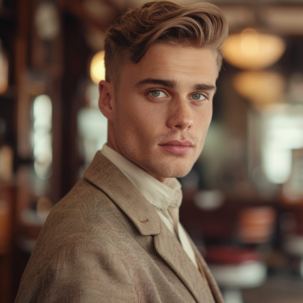 A young man with a stylish undercut with waves on top hairstyle is featured in this image, exemplifying one of the most fashionable wavy hairstyles for men. His hair is styled with a clean undercut on the sides, which contrasts sharply with the longer, wavy hair on top that is swept to the side for a polished, modern look. The waves add volume and texture, enhancing his sophisticated appearance.