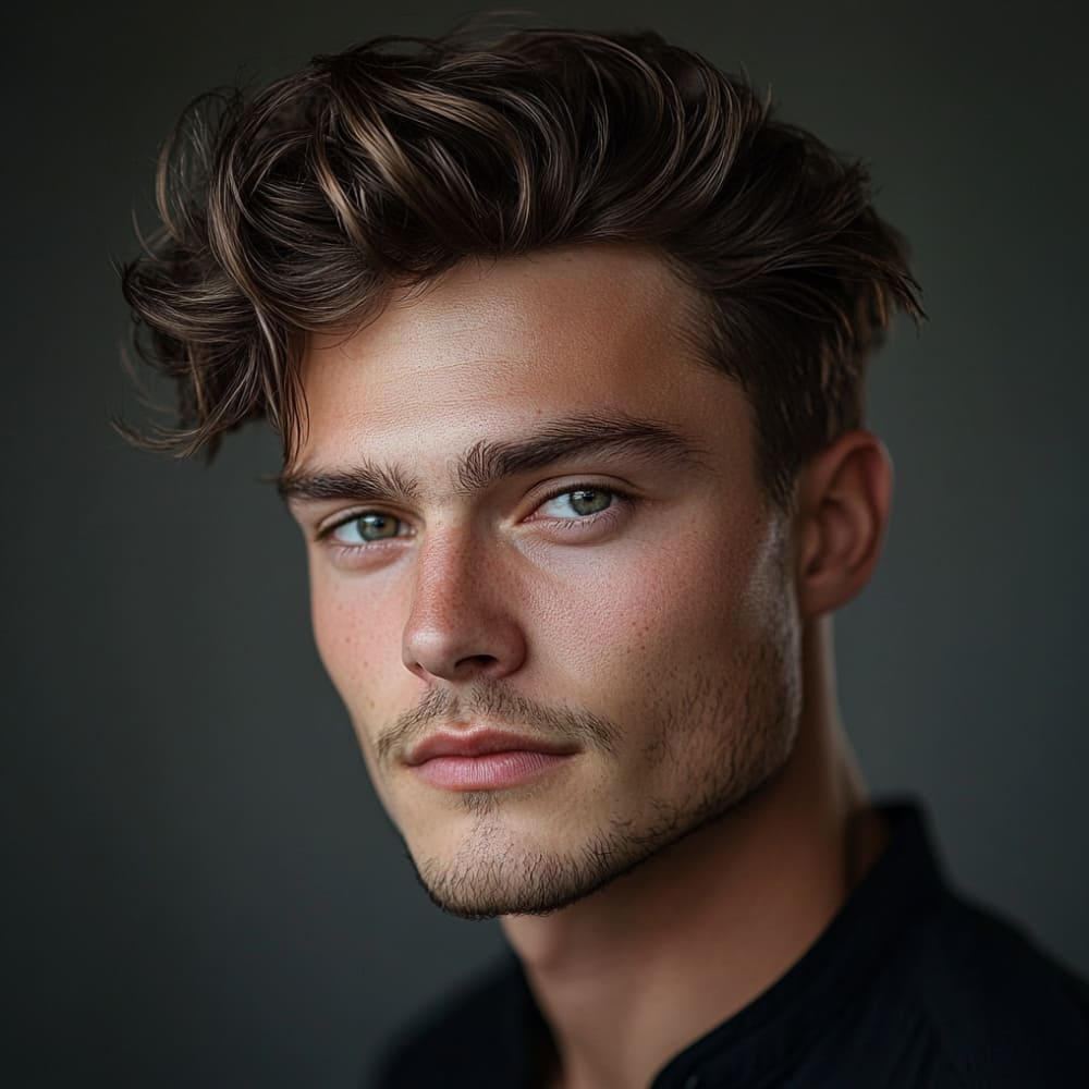 A young man with a stylish wavy modern quiff hairstyle is featured in this image, perfectly exemplifying one of the trendiest wavy hairstyles for men. His hair is voluminous on top, with natural waves adding texture and movement to the quiff, which is swept slightly to the side for a contemporary look. The sides are neatly tapered, providing a clean contrast to the fuller top.