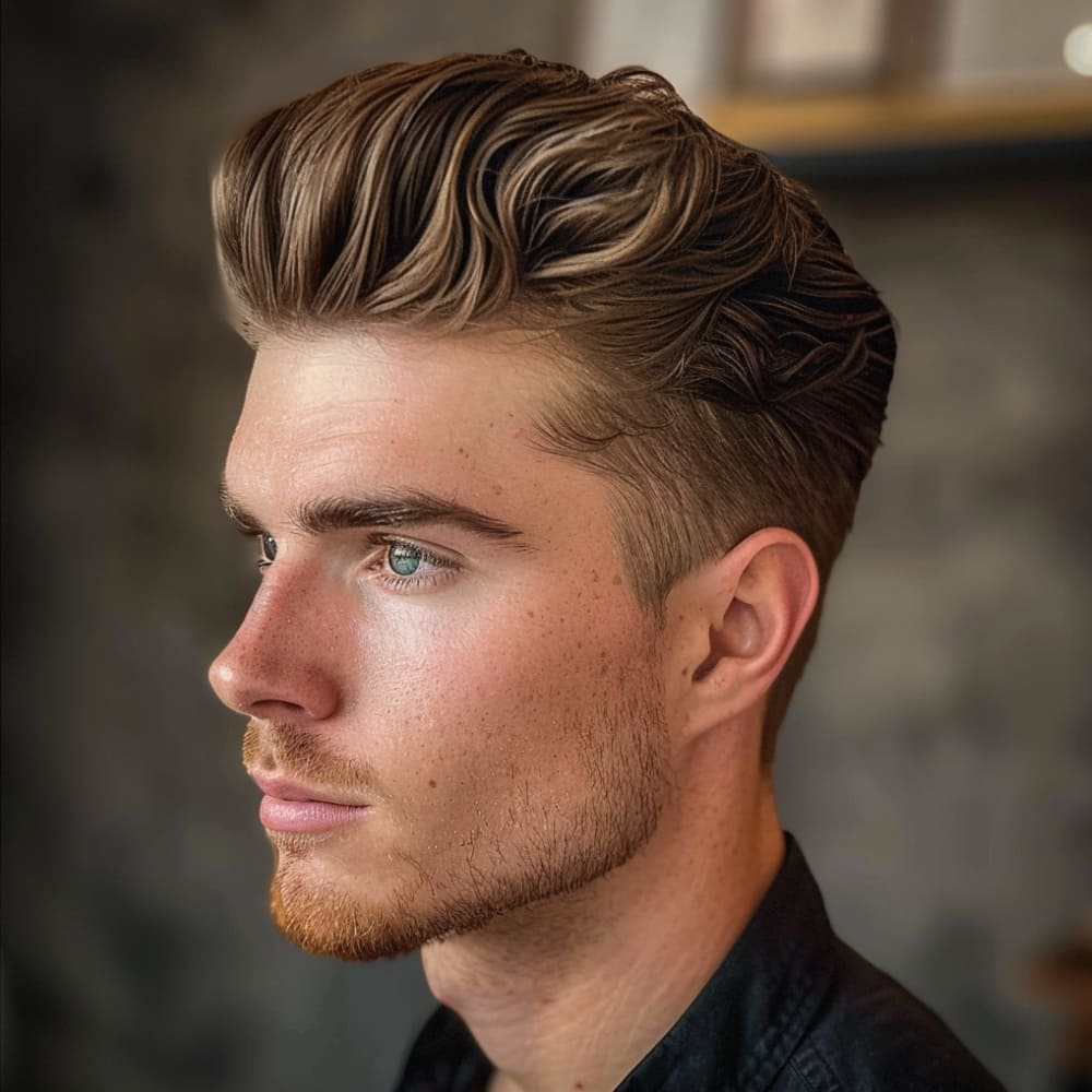 A young man with a sophisticated wavy pompadour hairstyle is featured in this image. His hair is meticulously styled with a voluminous pompadour that is lifted and swept back, showcasing the natural waves and adding depth and texture to the look. The sides are neatly tapered, creating a clean contrast with the fuller top. His complexion is fair, with a subtle, well-groomed beard that complements the overall polished appearance. The hairstyle exudes a classic yet modern vibe, blending elegance with contemporary style. The soft indoor lighting enhances the shine and definition of his waves, while the blurred background keeps the focus on his sharp, well-executed hairstyle. The overall look is both refined and stylish, perfect for a confident, fashion-forward individual.