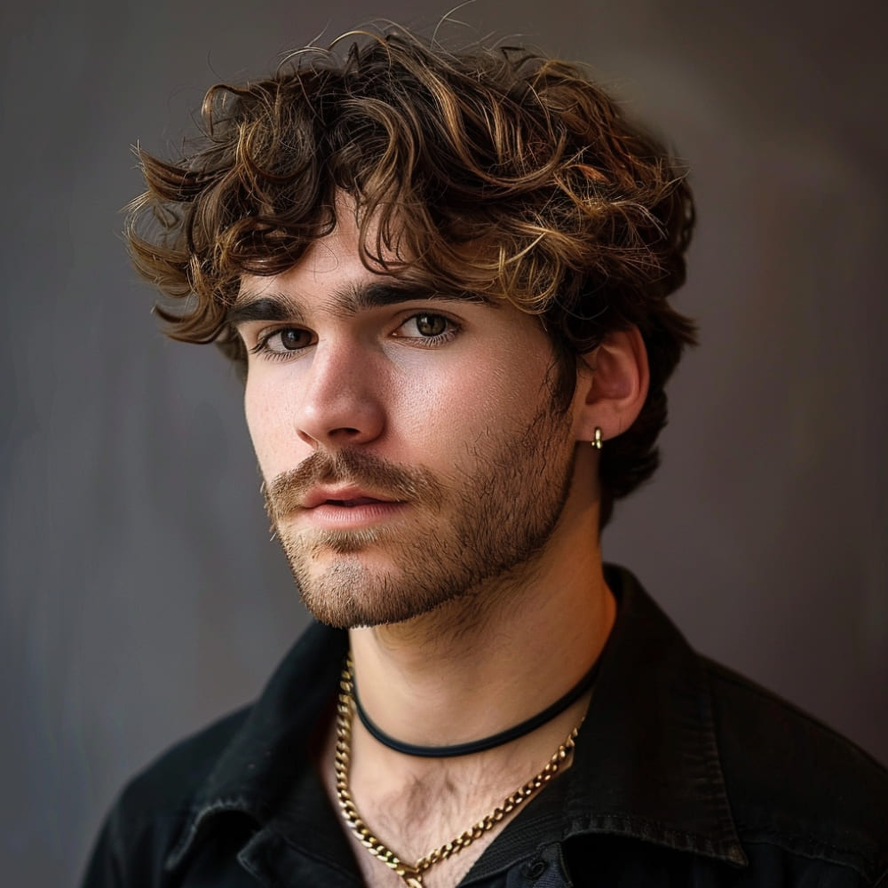 A young man with a trendy wavy shaggy hairstyle is featured in this image. His hair is full of natural texture, with loose, tousled waves that create a voluminous and carefree look. The hairstyle is slightly longer on top, with the waves framing his face and adding a sense of movement. The ends of his hair have a subtle, slightly messy finish, contributing to the effortless vibe of the style. He has a light beard and mustache, which complement his youthful appearance. The man is accessorized with a gold chain necklace and a black choker, adding a touch of edgy style to his overall look. His outfit is casual, featuring a dark jacket, and the neutral background keeps the focus on his hairstyle and facial features. The soft lighting enhances the natural shine and texture of his hair, making this wavy shag look both stylish and approachable.