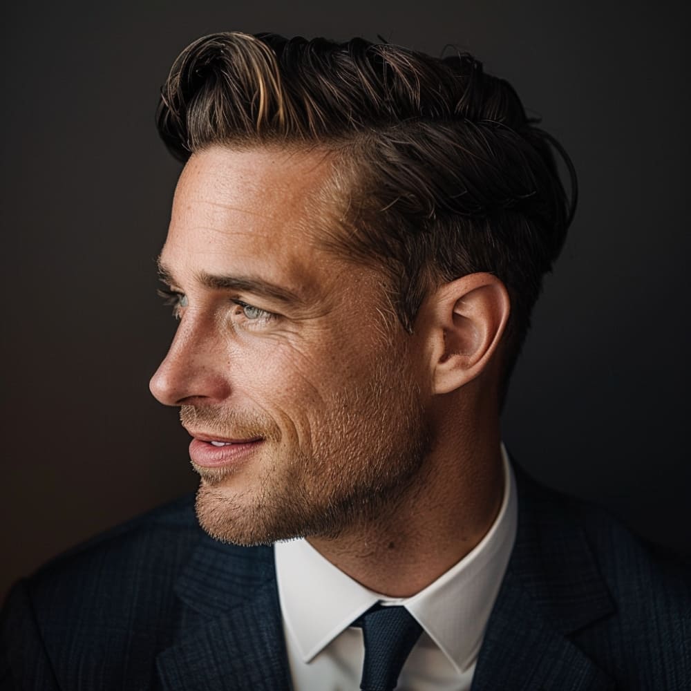 A distinguished man with a classic wavy side part hairstyle is featured in this image, showcasing one of the most timeless wavy hairstyles for men. His hair is neatly styled with a deep side part, allowing the natural waves to flow smoothly and create a polished, elegant look. The soft waves add volume and texture to the top, while the sides are shorter, providing a clean and sophisticated finish.