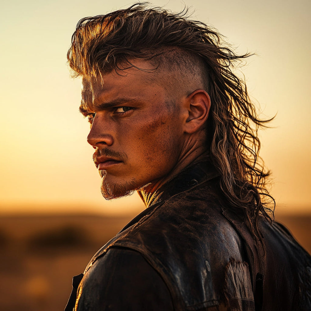 Rugged man with a bold Wild West Mohawk Mullet haircut, featuring shaved sides and a wavy, textured top that transitions into a long, tousled mullet at the back. Set against a warm, sunset desert landscape, he wears a weathered leather jacket, giving a fierce and intense look that captures the essence of modern cowboy style. Perfect example of a unique cowboy haircut that combines vintage Western vibes with a contemporary edge.