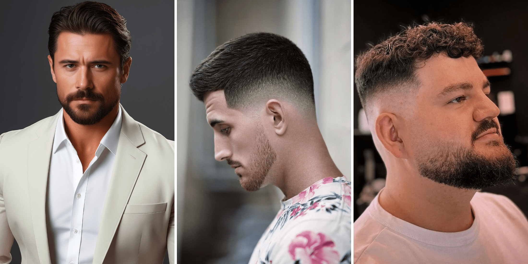 Three men showcasing different beard styles: the first with a boxed beard and slicked-back hair, the second with short stubble and a neat fade haircut, and the third with a faded beard and curly hair.