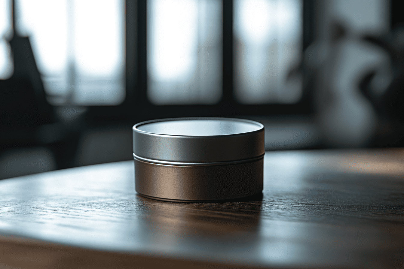 A sleek, metallic container of pomade sitting on a wooden surface in a softly lit room. The minimalist design of the tin adds a modern touch, perfect for housing premium pomade used for styling various men's hairstyles, from slick backs to textured crops.