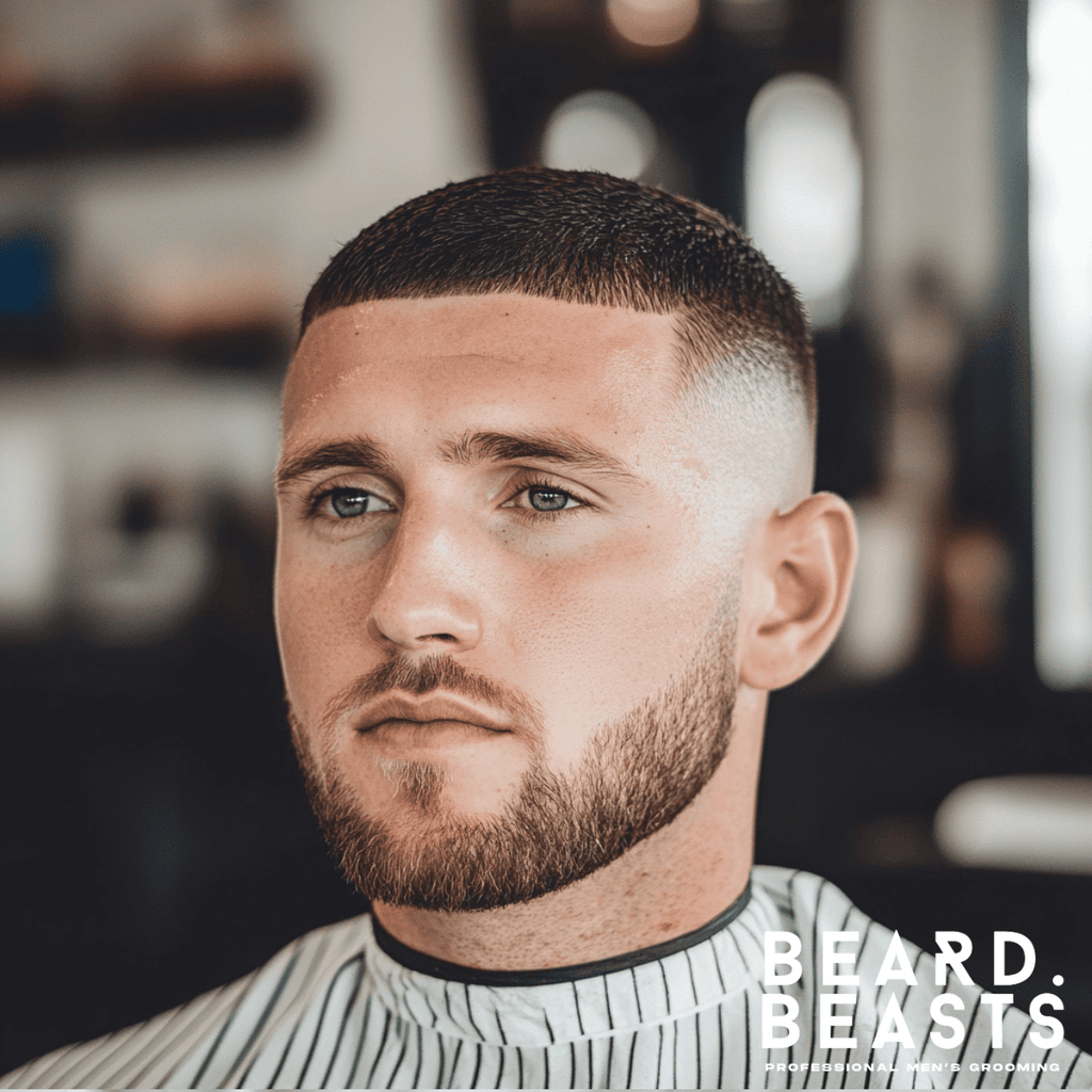 A portrait of a man with a skin fade buzz cut, featuring a sharp fade that transitions seamlessly from the skin to short, textured hair on top. The hairstyle is paired with a well-groomed beard, emphasizing the clean and stylish look. The man is seated in a modern barbershop, wearing a striped barber cape, with a blurred background enhancing the professional and polished atmosphere. The haircut highlights precision and balance, creating a sophisticated and trendy appearance.