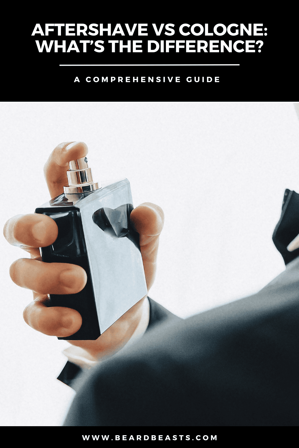 A close-up of a man’s hand holding a bottle of cologne, ready to spray, set against a clean, minimalist background. The image is part of a Pinterest pin promoting an article titled "Aftershave vs. Cologne: What’s the Difference?" with a subtitle "A Comprehensive Guide" and a website link www.beardbeasts.com. This visual highlights the theme of fragrance and grooming, emphasizing the comparison between aftershave and cologne.