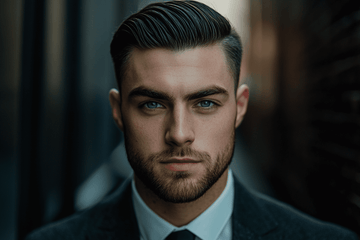 A close-up of a man with a perfectly styled slick back, showcasing one of the top men's pomade hairstyles.