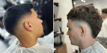 Comparison of burst fade vs drop fade haircuts. The burst fade has a circular pattern around the ear, adding volume, while the drop fade features a subtle contour ideal for oval, heart, and long face shapes. Learn more about their differences and styles.