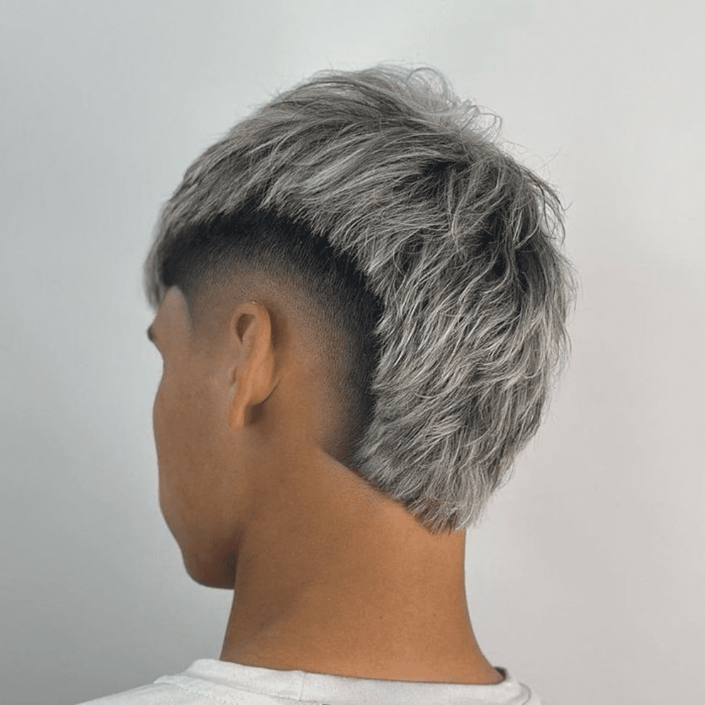 Side profile of a man with a Burst Fade haircut featuring silver highlights. The hair on top is styled with texture and volume, showcasing the striking contrast of the light highlights against the natural dark hair. The burst fade begins high near the temples and tapers smoothly down the sides and back, creating a clean and sharp transition. The highlighted hair adds a modern and trendy touch, making the style stand out. The setting is a minimalist indoor background, keeping the focus on the detailed and fashionable haircut. This burst fade with highlights is perfect for men looking to add a unique and stylish flair to their appearance.