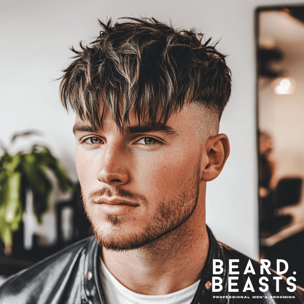 Trendy 30-year-old man sporting a high fade undercut with fringe, featuring choppy, textured strands falling stylishly over his forehead. The sharp fade on the sides creates a striking contrast with the messy, layered top, giving the hairstyle a modern and edgy appeal. Set in a bright barbershop with minimalist decor, the man wears a black leather jacket and a confident expression, emphasizing his bold and fashionable look.