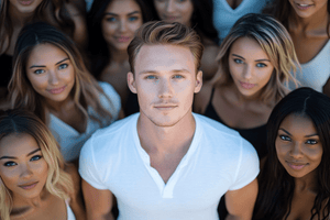 A confident man surrounded by admirers, showcasing the impact of good grooming and how to smell better as a man.