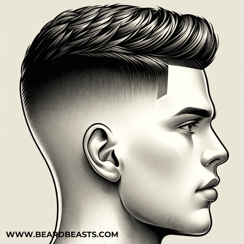 High fade haircut illustration showing a modern men's hairstyle with sides and back shaved very close to the skin starting high near the top of the head. The top of the head features longer, neatly styled hair, creating a sharp contrast. The person has a well-defined hairline and a clean, contemporary look, emphasizing the high fade style.