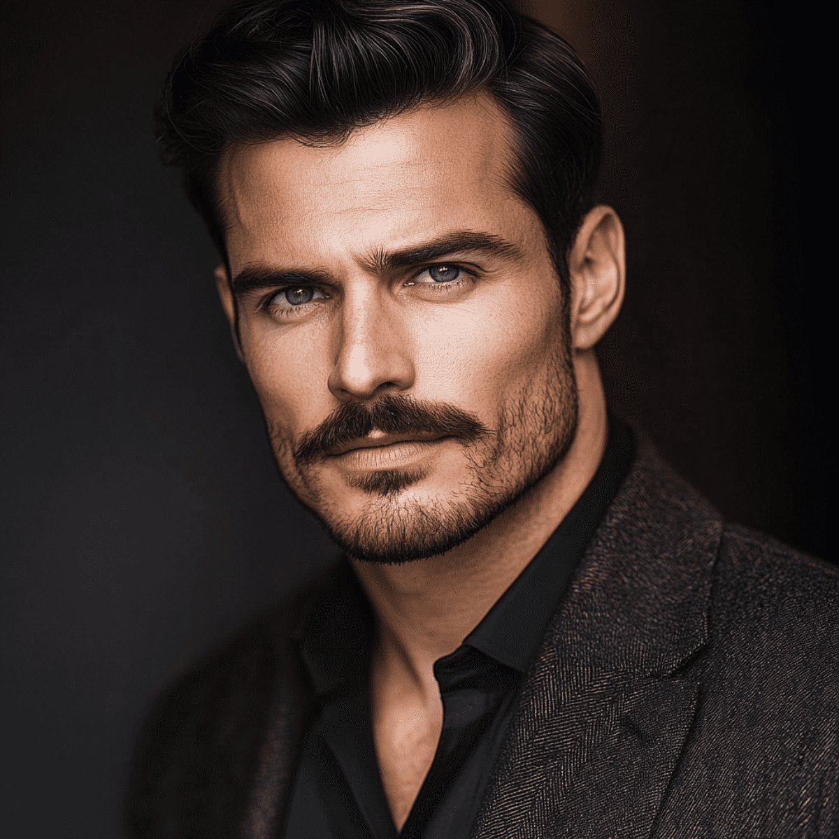 A sharply dressed man with a well-groomed Chevron mustache stares confidently into the camera. His dark hair is neatly styled, with a slight wave adding a touch of sophistication. The mustache is thick, full, and perfectly shaped, covering the upper lip in the classic Chevron style. His beard is closely trimmed, complementing the mustache without overpowering it. He wears a dark, textured blazer over a black shirt, exuding a polished, refined look. The background is softly blurred, focusing attention on his strong facial features and piercing blue eyes, giving the image a dramatic and striking appearance.