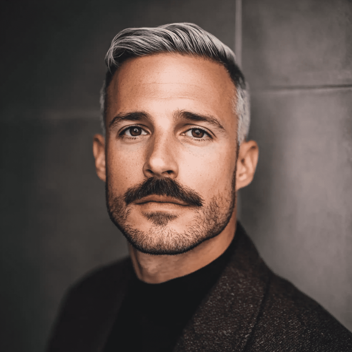 A distinguished man with silver-gray hair and a well-groomed Chevron mustache gazes confidently into the camera. His hair is neatly styled with a subtle wave, contrasting sharply with his dark eyebrows and the full, thick mustache that perfectly frames his upper lip in the classic Chevron style. His beard is trimmed short, maintaining a clean and polished look that complements the mustache. He wears a dark, textured blazer over a black turtleneck, giving him a sophisticated, modern appearance. The background is a simple, muted gray, ensuring that the focus remains on his striking features and stylish mustache. The overall image exudes confidence, maturity, and timeless elegance.