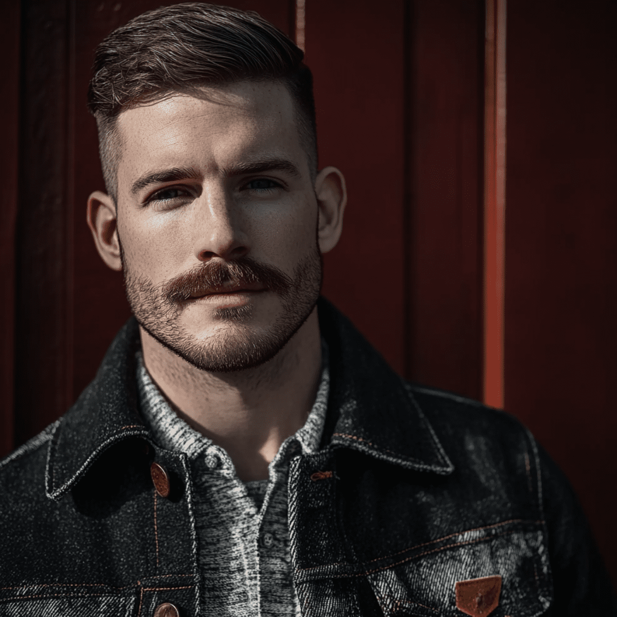 A young man with well-groomed facial hair stands confidently in front of a rich, red wooden background. His dark brown hair is neatly styled with a side part, adding a clean-cut, modern edge to his look. 