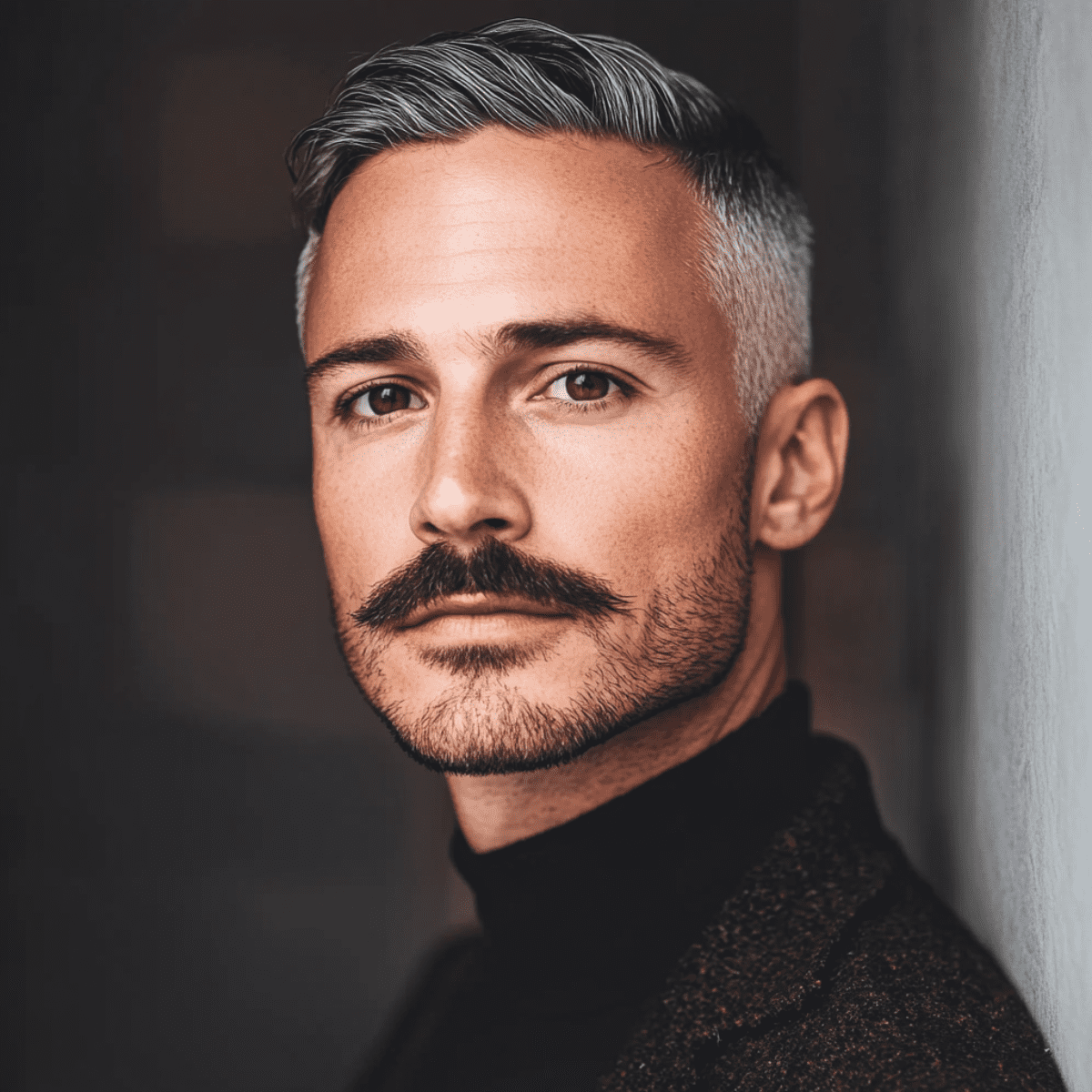 A sophisticated man with silver-gray hair and a well-groomed Chevron mustache poses confidently in this image. His hair is styled neatly with a slight wave, adding a refined touch to his appearance. The Chevron mustache is thick and perfectly shaped, sitting prominently above his upper lip and paired with a light stubble that enhances his sharp, angular jawline. He wears a dark turtleneck and a textured blazer, creating a look that is both classic and modern. The soft, muted background highlights his facial features, particularly his expressive eyes and the defined lines of his mustache. The overall vibe of the image is one of quiet confidence, elegance, and timeless style, with a contemporary edge.