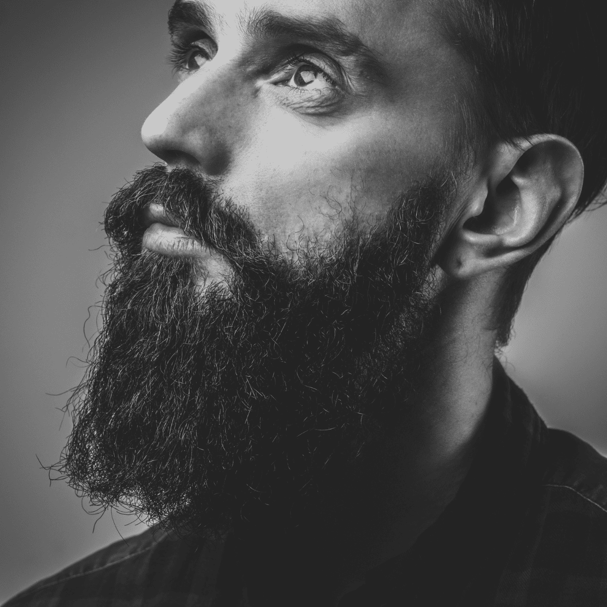 A black and white close-up portrait of a man with a full, frizzy beard. The man gazes thoughtfully upwards, his face illuminated with soft lighting that highlights the texture of his thick, curly beard and the sharpness of his facial features. The background is blurred, keeping the focus on the man's expressive eyes and detailed beard.