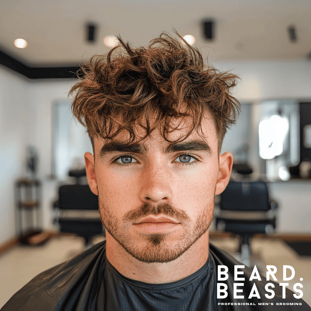 A young man with a messy textured top with low fade hairstyle, showcasing tousled, voluminous hair on top with clean, sharp fading near the ears. The hairstyle creates a casual, effortless look, emphasizing natural layers and movement. The background features a bright, modern barbershop setting with chairs and mirrors softly blurred, putting full focus on the trendy hairstyle. Perfect example of a contemporary men’s haircut.