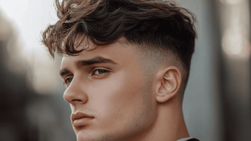 Side profile of a young man showcasing a stylish Mid Fade Messy Top hairstyle, featuring a clean fade on the sides and a textured, tousled top for a modern, effortlessly cool look.