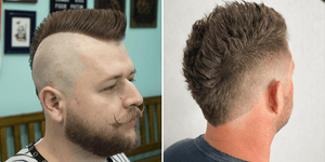 Mohawk vs Faux Hawk comparison. Left: man with a classic Mohawk with shaved sides and a sleek central strip. Right: man with a Faux Hawk with shorter, textured sides and a subtle central strip.