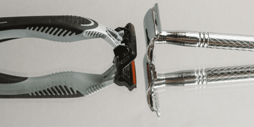 Close-up comparison of a single-blade razor and a multi-blade razor, showcasing the differences in design and blade configuration.