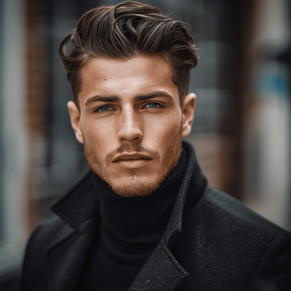 A young man is shown with a sophisticated brushed-back waves hairstyle, perfectly illustrating one of the most refined wavy hairstyles for men. His hair is styled with natural waves that are smoothly brushed back, creating a sleek, voluminous look that highlights the texture and depth of his hair. The sides are tapered, complementing the fuller, wavy top and adding a modern edge to the overall style. 