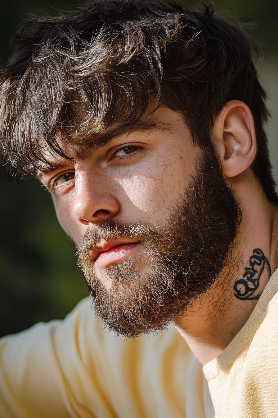 The image features a close-up side profile of a young man with a thick, textured hairstyle and a full, well-groomed beard. His hair is styled in a slightly tousled manner, with natural waves and volume that add depth and character to the look. The fringe lightly covers his forehead, giving him a casual, effortless appearance. His beard is dense and neatly shaped, enhancing his strong jawline and adding a rugged edge to his overall style. A small, intricate tattoo is visible on the side of his neck, adding a personal and edgy touch to his look. The lighting is warm and natural, casting soft shadows that highlight the texture of his hair and the detail in his beard. The background is subtly blurred, focusing attention on his face and hairstyle. The overall vibe is confident, stylish, and effortlessly cool.