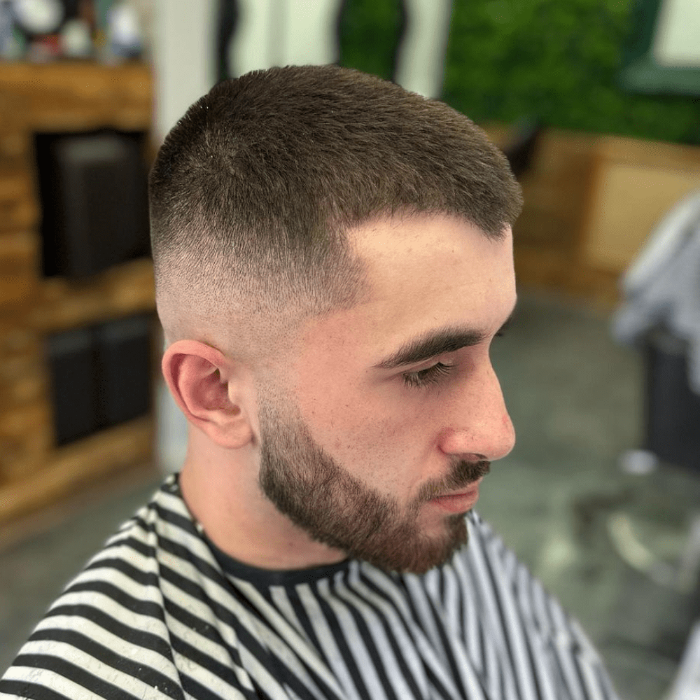 Man with straight hair styled in a crew cut, featuring short hair on top with a gradual fade on the sides and back. He has a neatly trimmed beard and is wearing a striped barber cape, sitting in a barbershop chair, showcasing a clean and classic look in a well-lit, modern barbershop.