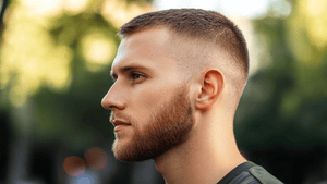 A close-up profile of a man with a neat crew cut and a smooth drop fade. The fade blends seamlessly from the top into the skin around the sides and back, creating a sharp and clean look.