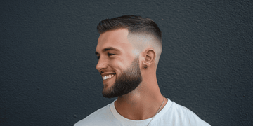 A side profile of a man with a high skin fade buzz cut and a neatly trimmed beard.