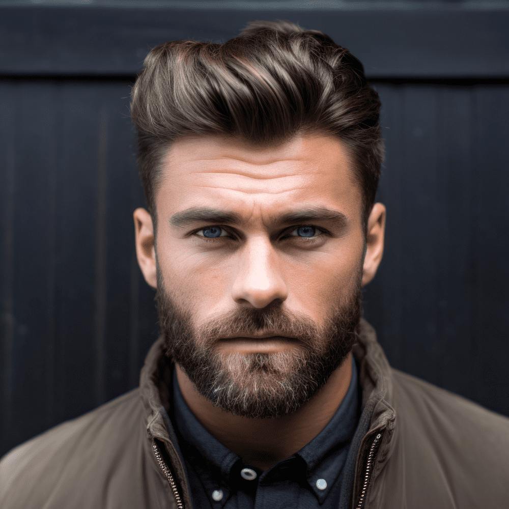 Stylish man with a short boxed beard, wearing a dark shirt and a light jacket, standing against a dark background. This image showcases one of the popular beard styles for men, highlighting a clean and structured facial hair look that exudes confidence and sophistication.