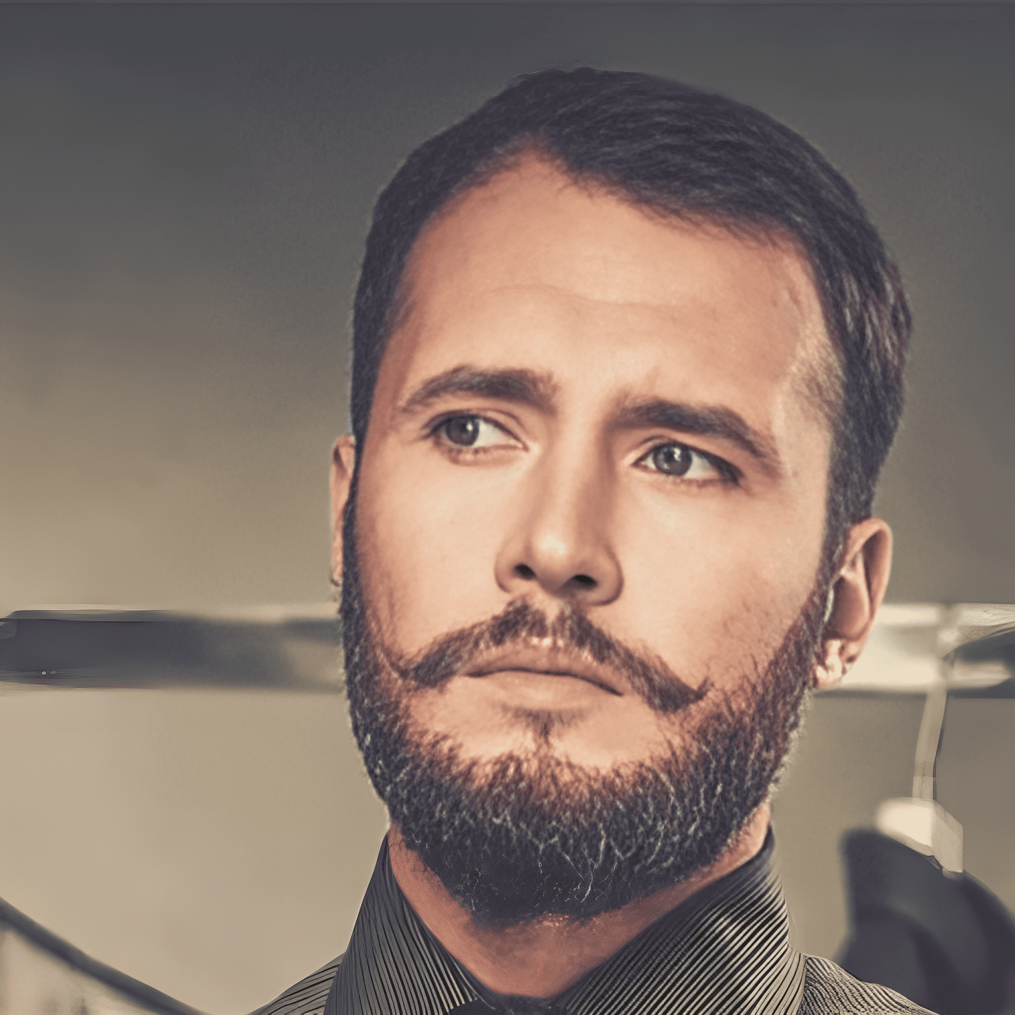 A color portrait of a man with a neatly groomed short Verdi beard. His beard is full and well-defined, with the mustache styled into elegant, curled tips that add a touch of sophistication. The beard is short but dense, highlighting his strong jawline and giving a polished, classic appearance. The man has short, dark hair, styled simply and neatly. He is wearing a high-collared shirt, which complements the refined look of his beard and adds to his overall distinguished style. His expression is calm and thoughtful, with a slight hint of intensity in his eyes. The background is softly blurred, possibly an indoor setting with muted tones, ensuring that the focus remains on his facial features and meticulously groomed beard. The lighting is even and warm, accentuating the texture and precise grooming of his beard, and enhancing the depth of his